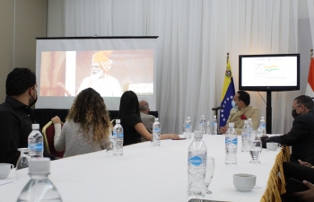 As part of 'India week' celebrations in Venezuela, Ambassador Abhishek Singh addressed a select gathering on the achievements of India since Independence under the 'Namaste India' series